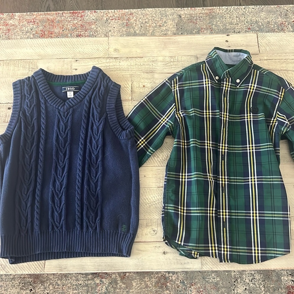 Plaid button up shirt with matching sweater vest